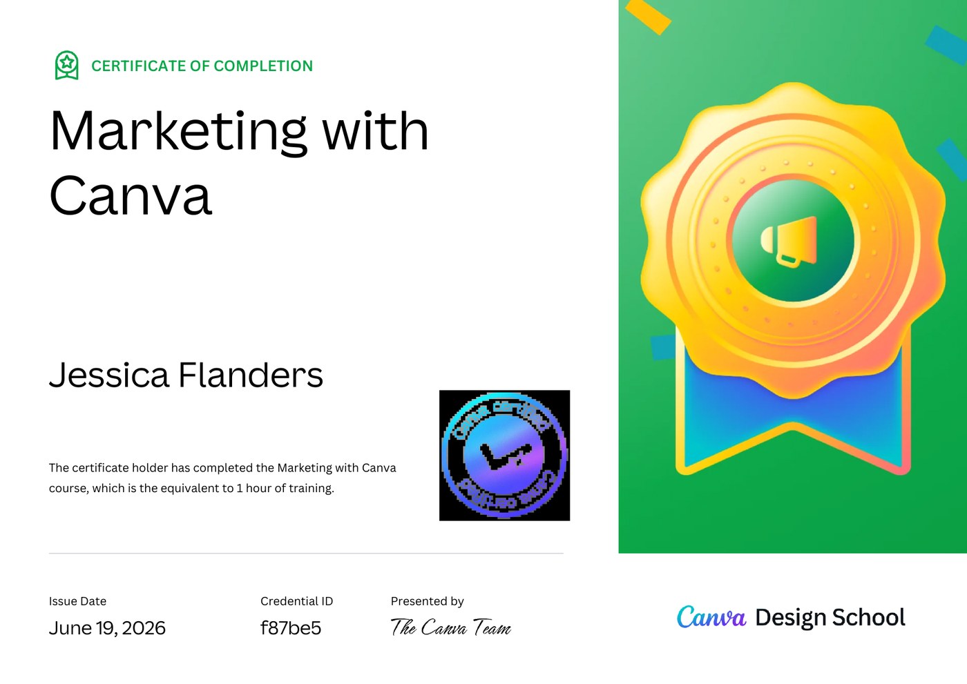 Marketing with Canva certificate for Jessica Flanders