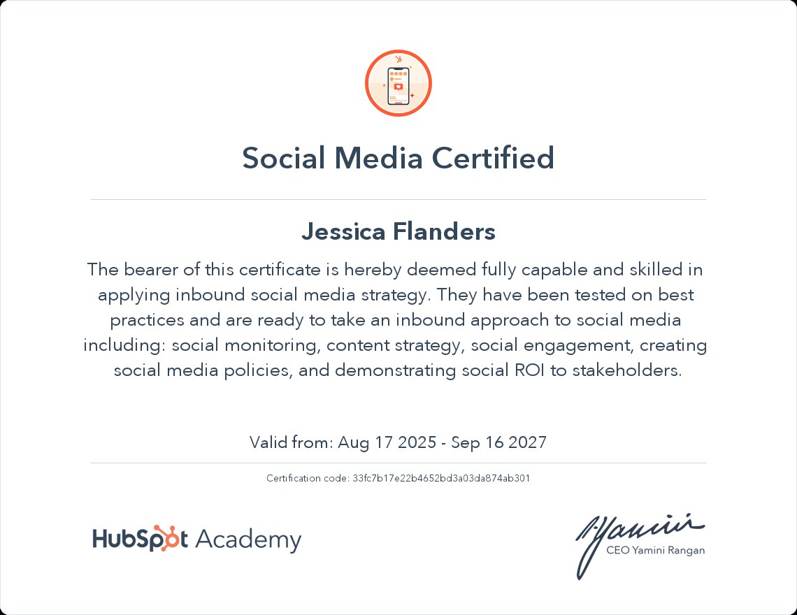 HubSpot Academy Social Media Certified certificate for Jessica Flanders