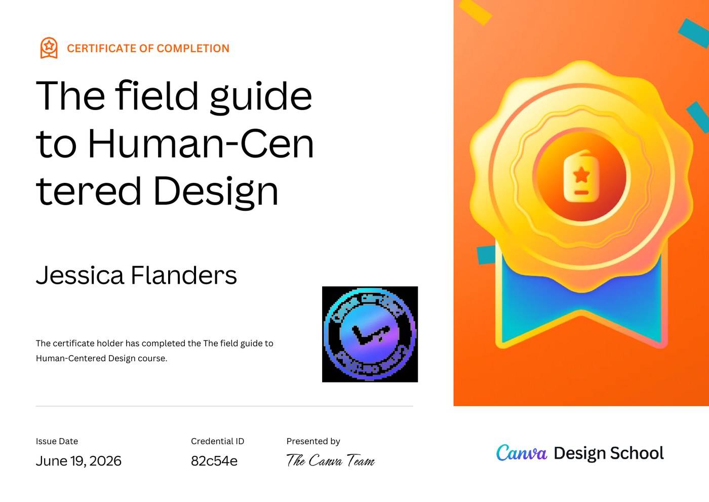 Field Guide to Human-Centered Design certificate for Jessica Flanders