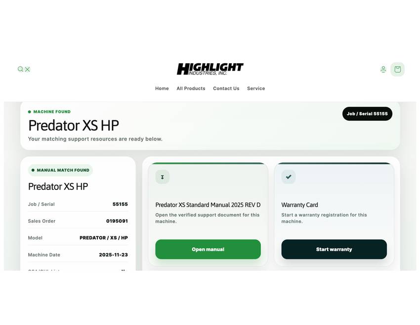 Highlight Industries Support Center machine record and matched manual results