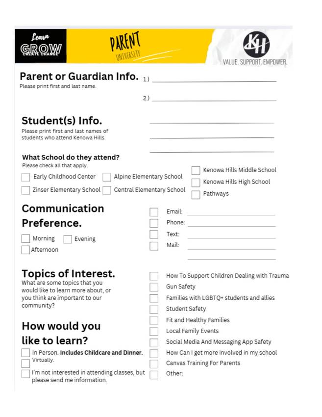 Parent University registration form